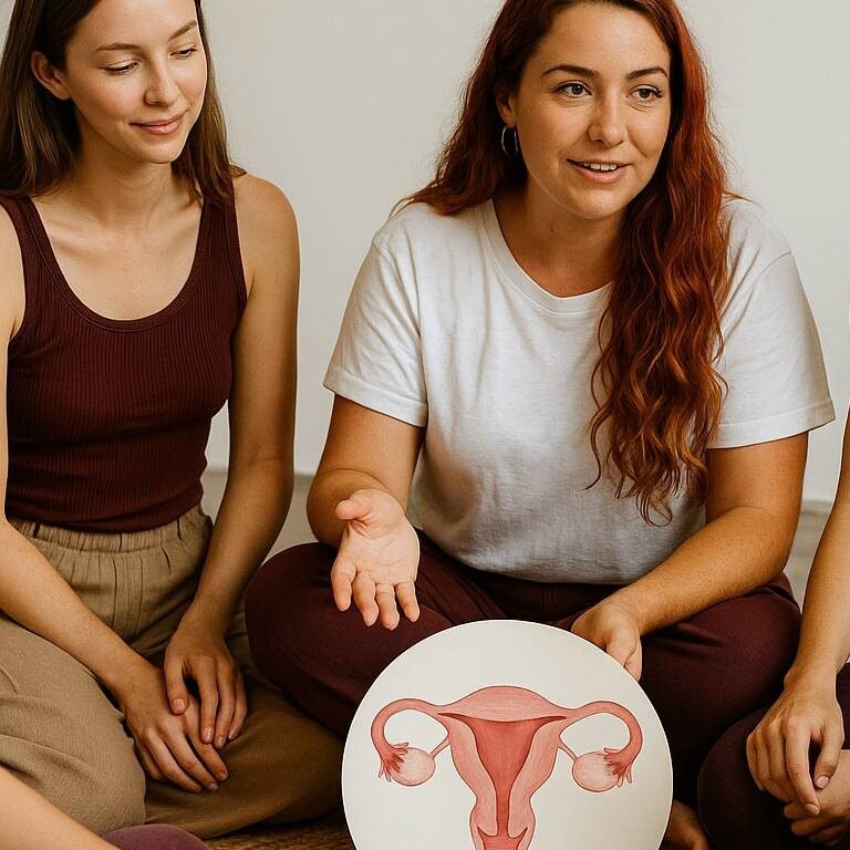 Facilitator leading a women’s cycle awareness workshop, holding a uterus diagram while discussing womb health and hormonal balance in a group circle.